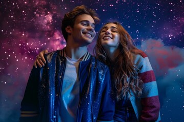 Wall Mural - Portrait of a happy caucasian couple in their 20s sporting a stylish varsity jacket isolated on backdrop of starlit galaxies