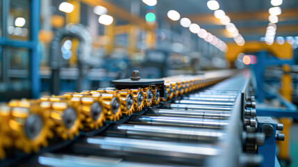 Poster - A factory assembly line with a conveyor belt of parts