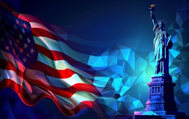 American flag with the Statue of Liberty in front. The background is a dark blue with light reflection Generative AI