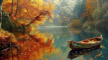 Wall Mural - Autumn lake with a rowboat for a peaceful and tranquil background