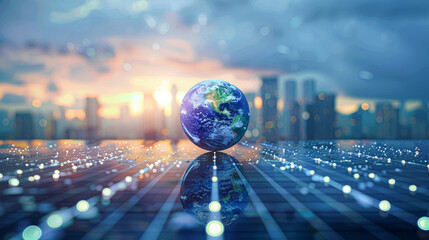 Wall Mural - A blue sphere is on a city skyline