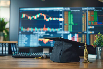 Poster - A black cap with a gold tassel sits on a desk in front of a computer monitor