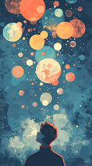 Wall Mural - a man is looking up at a sky full of colorful orbs