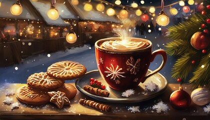 Canvas Print - cup of coffee with christmas cookies