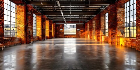 Wall Mural - Empty industrial loft with brick walls concrete floor and steel roof structure. Concept Industrial Loft Design, Brick Walls, Concrete Floors, Steel Roof Structure, Empty Space