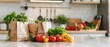 © Amonthep - Paper shopping bag full of vegetables with fruits and juice on table in kitchen. Space for text