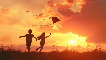 Wall Mural - Sunset Silhouettes: Children Flying Kites in the Twilight Sky