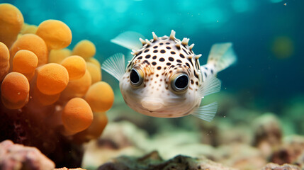Cute little Tiger puffer near the coral in the sea