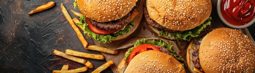 Wall Mural - Delicious cheeseburgers with fresh lettuce and tomato served with crispy fries and ketchup.