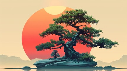 Digital art of a bonsai tree on an island with a vivid sunset background, blending nature and serenity in a harmonious scene.