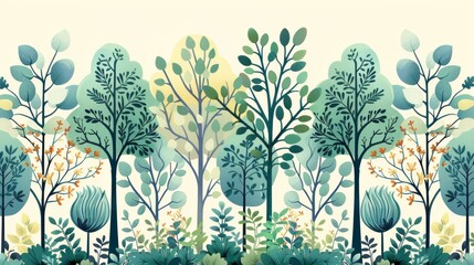 Seamless pattern of illustrated trees and foliage in soft pastel colors, evoking a serene and natural landscape with intricate details.