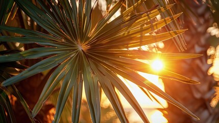 Wall Mural - A close up of a palm tree with the sun setting in front.