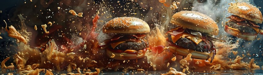 Wall Mural - Three delicious burgers with juicy beef patties, fresh lettuce, and tasty cheddar cheese, set against an explosive background.