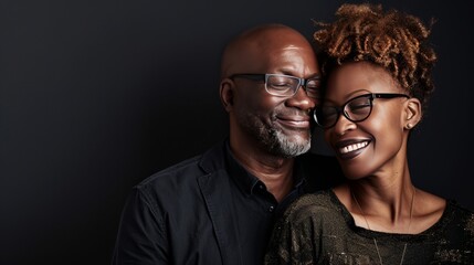 Portrait of happy black african american couple smiling and embracing each other on dark background