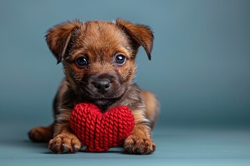 Wall Mural - A cute puppy with a paper heart in its paws on a grey background with a copy of the space