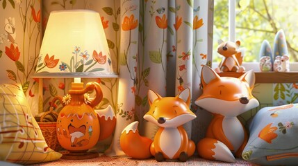 Wall Mural - A cozy children's room corner featuring an adorable woodland-themed lamp and matching fox figurines, crafting a storybook atmosphere.