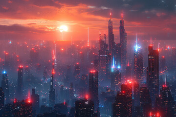 Poster - A futuristic cityscape on a distant planet, with neon Wi-Fi signals radiating from every building,