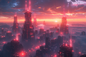 Poster - A futuristic cityscape on a distant planet, with neon Wi-Fi signals radiating from every building,
