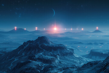 Wall Mural - A planetary landscape with glowing Wi-Fi icons embedded in the terrain, indicating widespread connectivity,