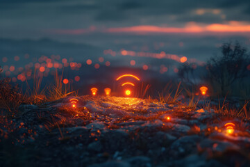 Leinwandbilder - A planetary landscape with glowing Wi-Fi icons embedded in the terrain, indicating widespread connectivity,