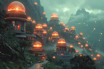 Poster - A futuristic village on a planet, with holographic Wi-Fi signals visible above each house,