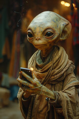 Poster - An alien species using handheld devices to access Wi-Fi, with signals visibly connecting to a central hub,