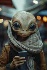 Poster - An alien species using handheld devices to access Wi-Fi, with signals visibly connecting to a central hub,