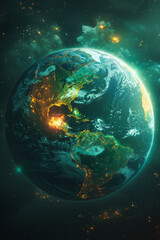 Poster - A digital map of a planet, highlighting areas with the strongest Wi-Fi signals in vibrant colors,