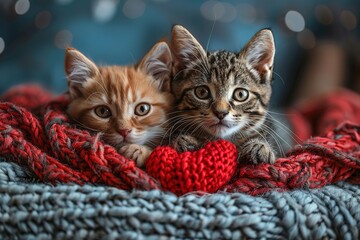 Wall Mural - two cute kittens with a paper heart in its paws on a grey background with a copy of the space