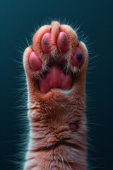 Wall Mural - A detailed image of a Scottish Fold cat paw with short, dense fur and pink pads, highlighting the softness,
