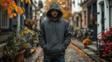 Handsome man in a hooded sweatshirt with a hood on his head is standing on the street in an autumn city