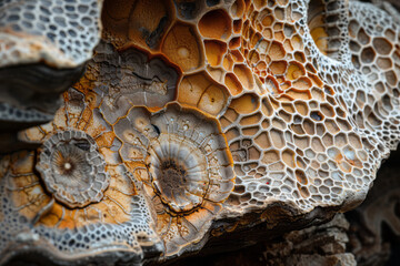 Aufkleber - A close-up of fossilized coral from the Paleozoic, highlighting the intricate patterns and textures,