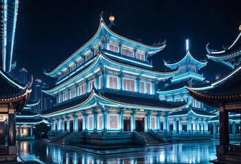 Wall Mural - a chinese temple lit up at night in singapore