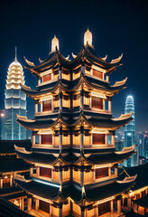 Wall Mural - a chinese pagoda in the middle of a city at night