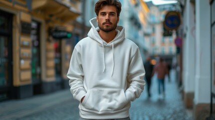 Handsome young man in white hoodie walking on the city street