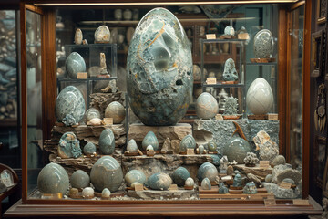 Aufkleber - A display case featuring rare and unique fossils, such as a perfectly preserved dinosaur egg,