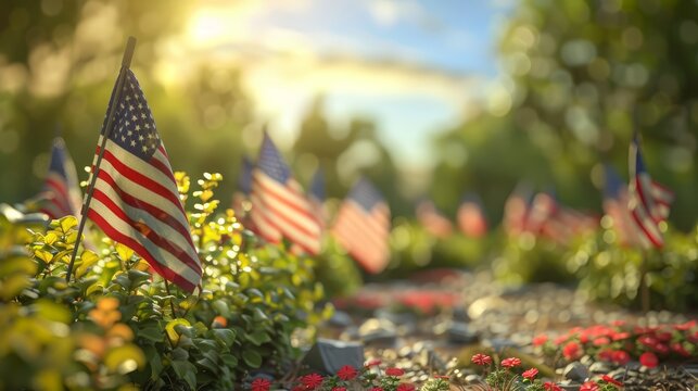 Honoring fallen heroes on Memorial Day, USA flags and gratitude, blurred background, photorealistic, surreal, manipulation, memorial wall
