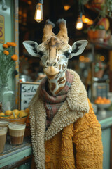 Poster - A giraffe dressed as a barista, making coffee and serving customers at a trendy coffee shop,