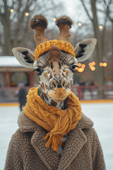 Poster - A giraffe in a stylish winter coat and scarf, ice skating at an outdoor rink,