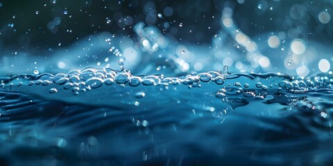 Blurry blue water surface with bubbles and splashes abstract nature background. Concept Nature, Abstract, Water, Blue, Bubbles