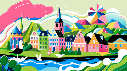 Wall Mural - Colorful Illustrated European Village with Windmill and Nature