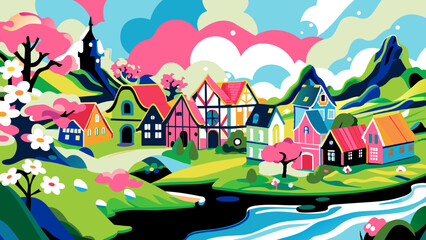 Wall Mural - Vibrant Storybook Village with Picturesque Landscape and Colorful Homes