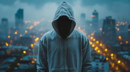 Man in a hoodie on the background of the city at night
