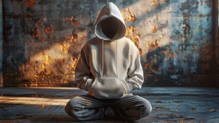 Man in a hooded sweatshirt sits on the floor in front of an old wall
