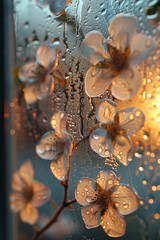 Poster - A delicate floral pattern emerging through the mist on a glass pane, with water droplets accentuating the design,