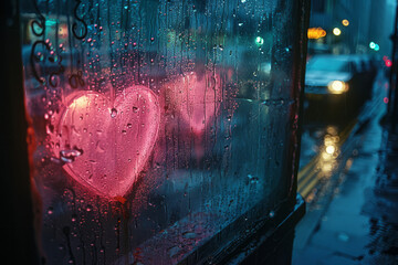 Fototapete - Heart shapes and love notes written on a misted window, with raindrops creating a dynamic background,