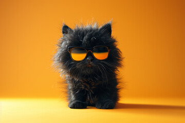 Wall Mural - A furry cool emoji with sunglasses and black fur, on a plain yellow background,