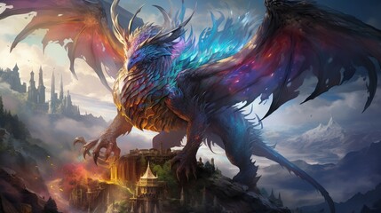 Wall Mural - A dragon with iridescent scales, massive wings, and fire that changes colors, soaring over a mystical landscape  