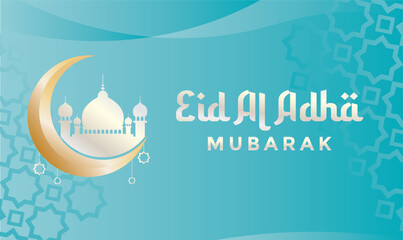 Eid al adha background blue with beautiful moon and mosque Ornaments