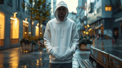 Portrait of a young man in a hooded sweatshirt on a city street (5)